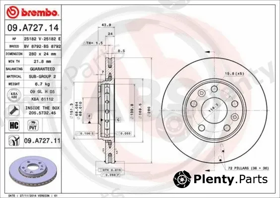 A.B.S. 09.A727.11 — Brake Disc BREMBO COATED DISC LINE
