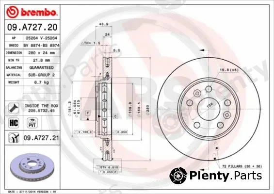 A.B.S. 09.A727.21 — Brake Disc BREMBO COATED DISC LINE