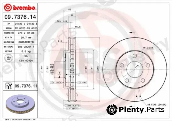 A.B.S. 09.7376.11 — Brake Disc BREMBO COATED DISC LINE