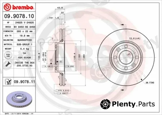 A.B.S. 09.9078.11 — Brake Disc BREMBO COATED DISC LINE