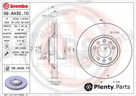A.B.S. 09.A430.11 — Brake Disc BREMBO COATED DISC LINE