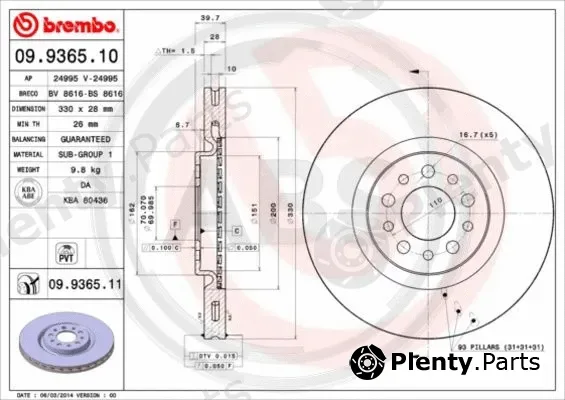 A.B.S. 09.9365.11 — Brake Disc BREMBO COATED DISC LINE