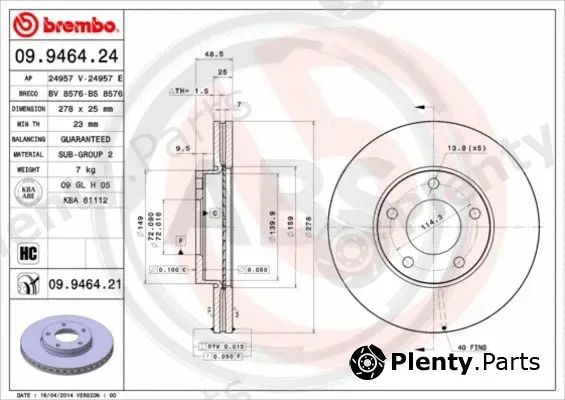 A.B.S. 09.9464.21 — Brake Disc BREMBO COATED DISC LINE