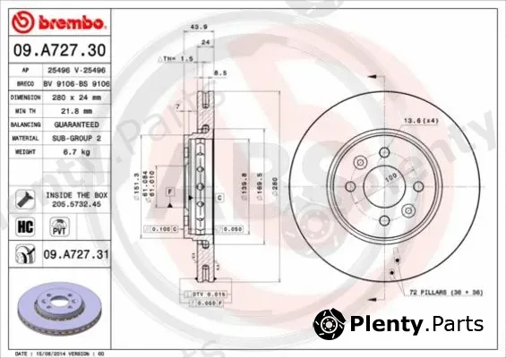 A.B.S. 09.A727.31 — Brake Disc BREMBO COATED DISC LINE