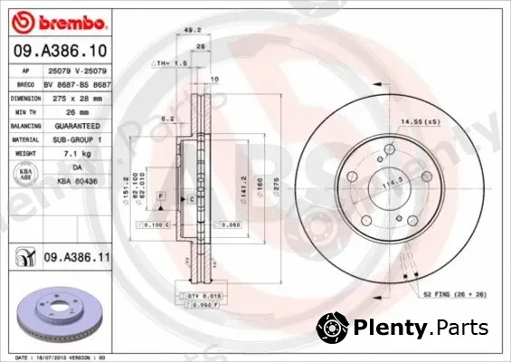 A.B.S. 09.A386.11 — Brake Disc BREMBO COATED DISC LINE