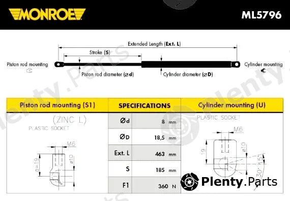 Monroe ML5796 — Gas Spring, boot/cargo area MONROE MaxLift
