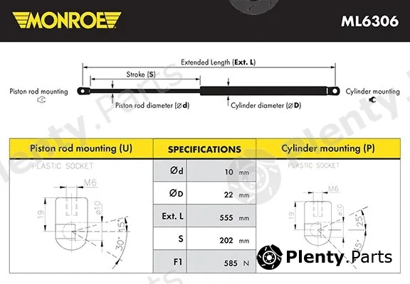 Monroe ML6306 — Gas Spring, boot/cargo area MONROE MaxLift
