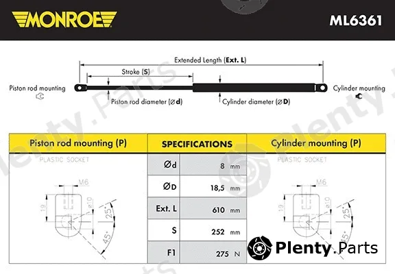 Monroe ML6361 — Gas Spring, boot/cargo area MONROE MaxLift