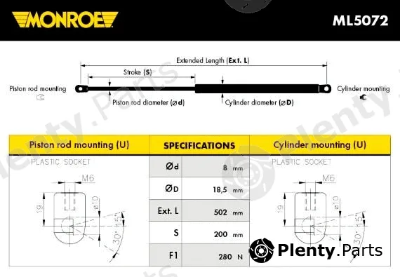 Monroe ML5072 — Gas Spring, boot/cargo area MONROE MaxLift
