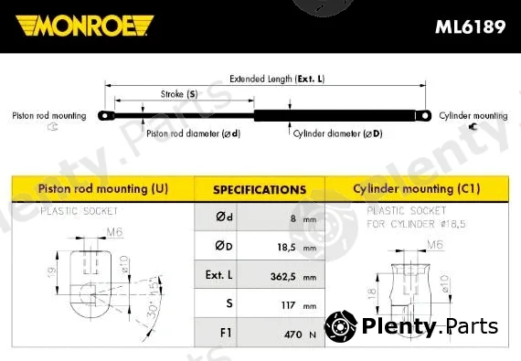 Monroe ML6189 — Gas Spring, boot/cargo area MONROE MaxLift