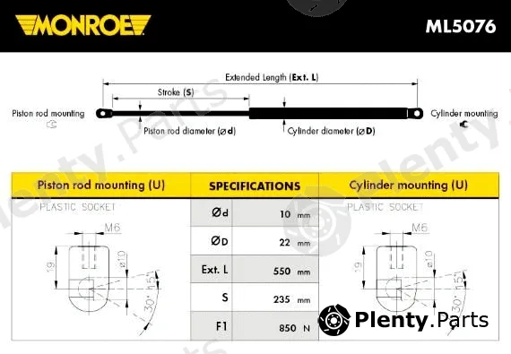 Monroe ML5076 — Gas Spring, boot/cargo area MONROE MaxLift