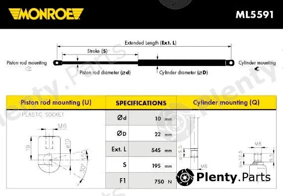 Monroe ML5591 — Gas Spring, boot/cargo area MONROE MaxLift