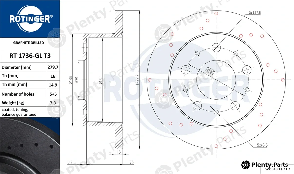 Rotinger RT1763-GLT3 — Brake Disc GRAPHITE DRILLED