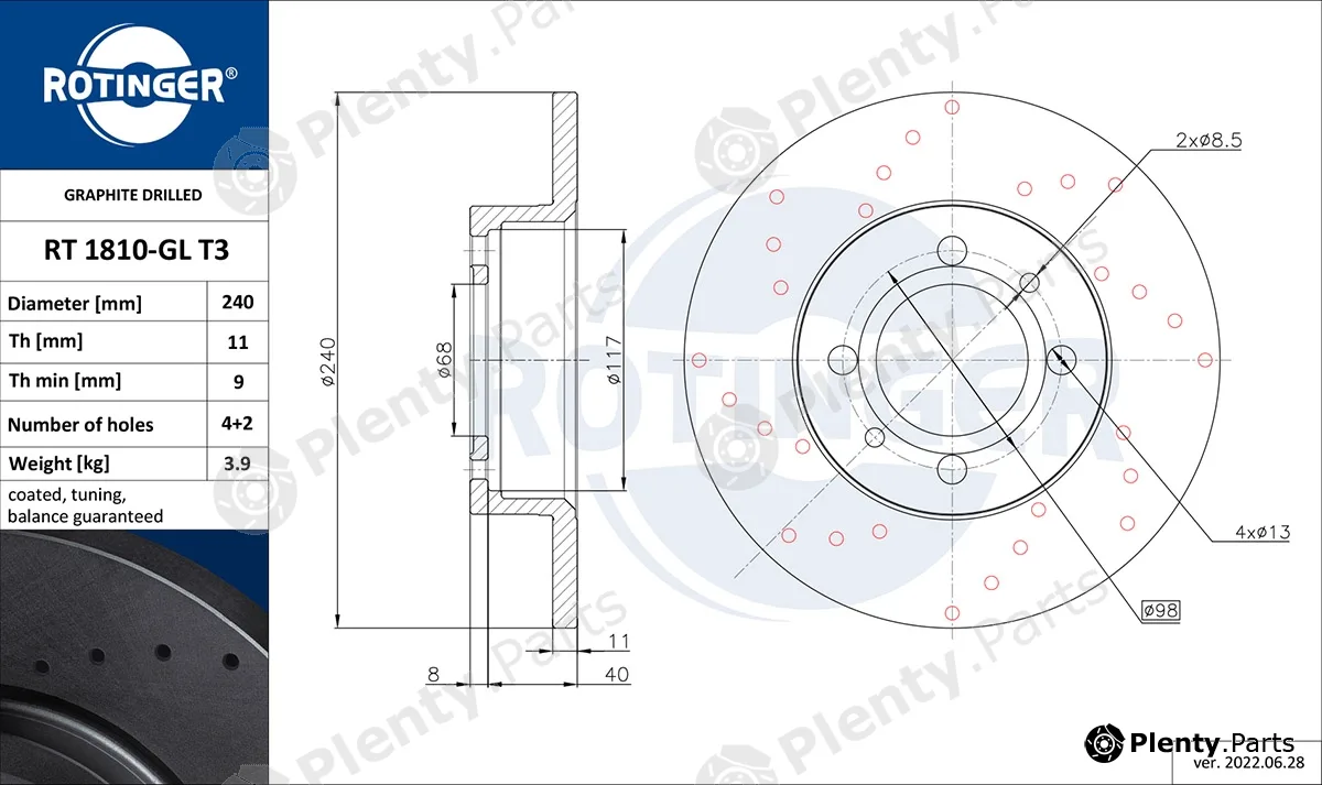 Rotinger RT1810-GLT3 — Brake Disc GRAPHITE DRILLED