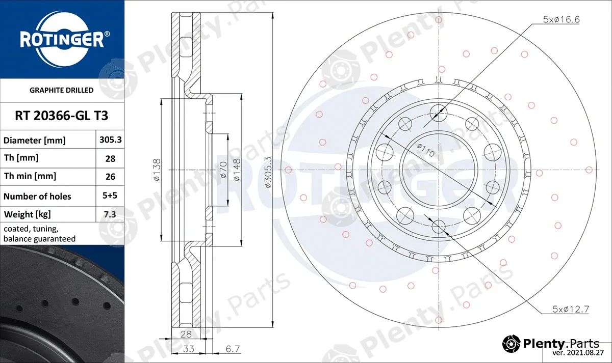 Rotinger RT20366-GLT3 — Brake Disc GRAPHITE DRILLED