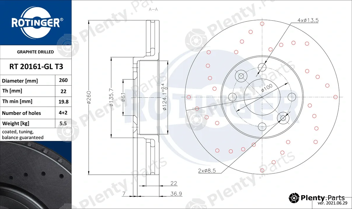 Rotinger RT20161-GLT3 — Brake Disc GRAPHITE DRILLED