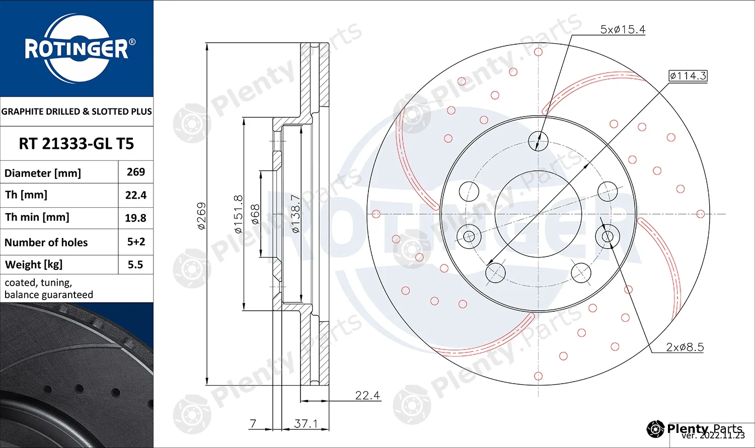 Rotinger RT21333-GLT5 — Brake Disc GRAPHITE DRILLED & SLOTTED PLUS