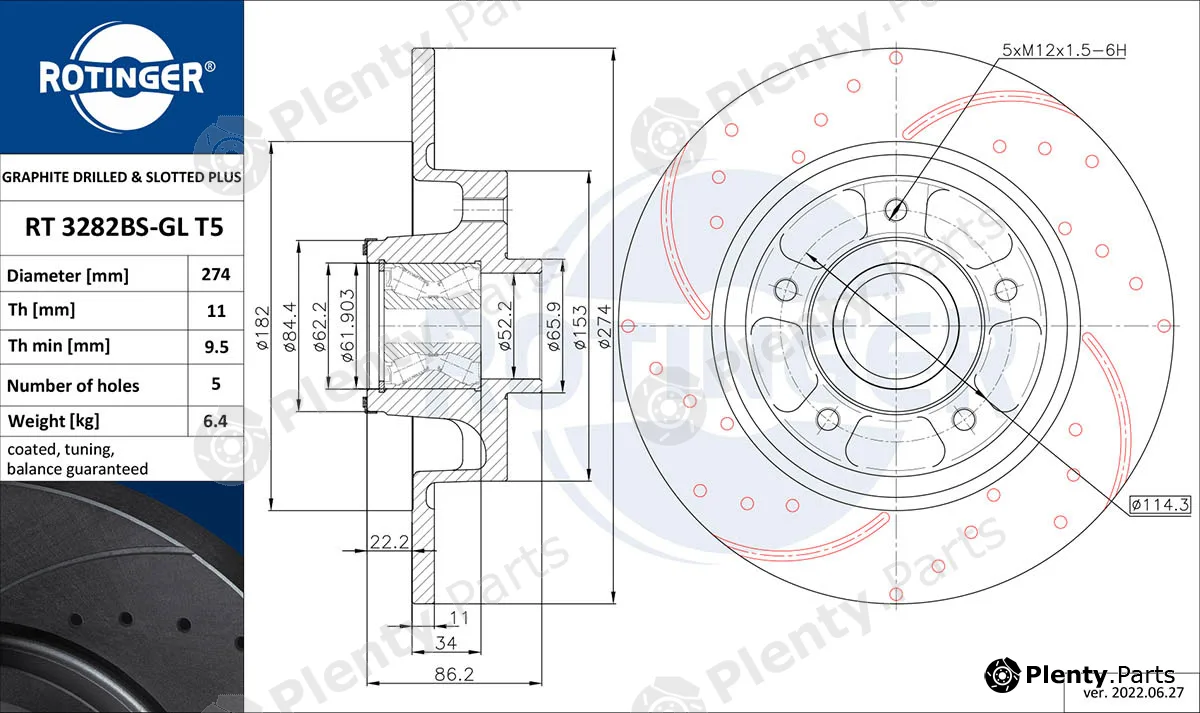 Rotinger RT3282BS-GLT5 — Brake Disc GRAPHITE DRILLED & SLOTTED PLUS