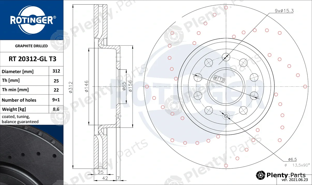 Rotinger RT20312-GLT3 — Brake Disc GRAPHITE DRILLED