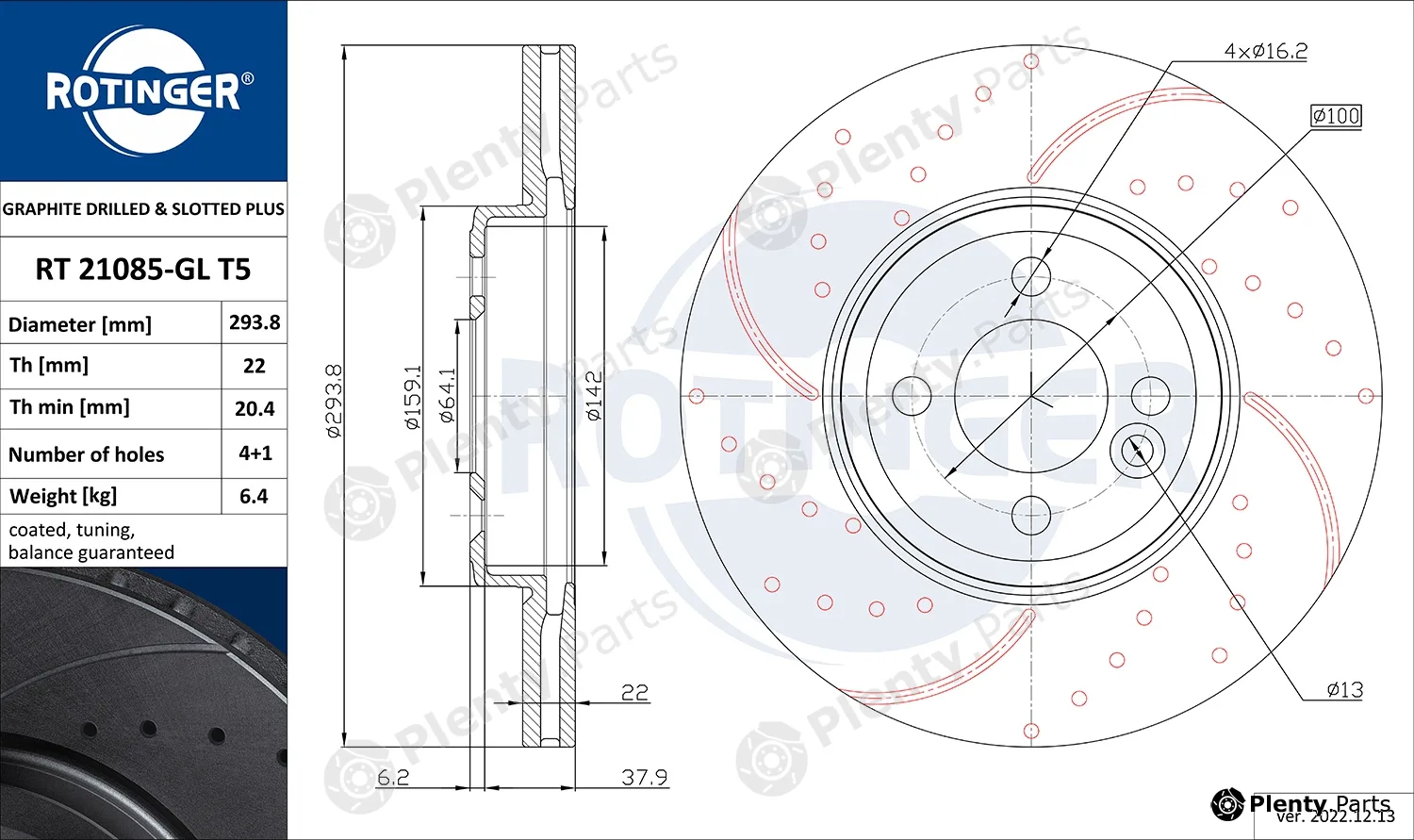 Rotinger RT21085-GLT5 — Brake Disc GRAPHITE DRILLED & SLOTTED PLUS