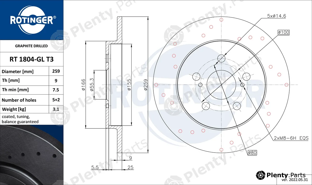 Rotinger RT1804-GLT3 — Brake Disc GRAPHITE DRILLED