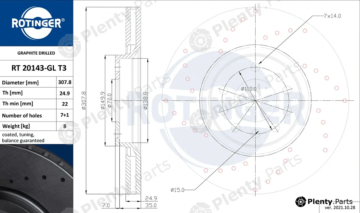 Rotinger RT20143-GLT3 — Brake Disc GRAPHITE DRILLED