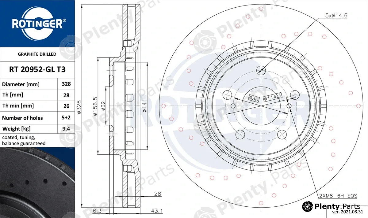 Rotinger RT20952-GLT3 — Brake Disc GRAPHITE DRILLED