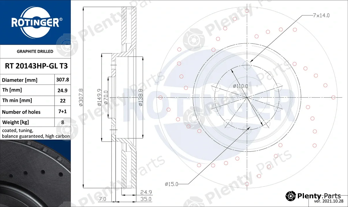 Rotinger RT20143HP-GLT3 — Brake Disc GRAPHITE DRILLED