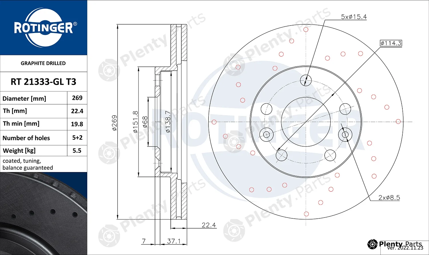 Rotinger RT21333-GLT3 — Brake Disc GRAPHITE DRILLED