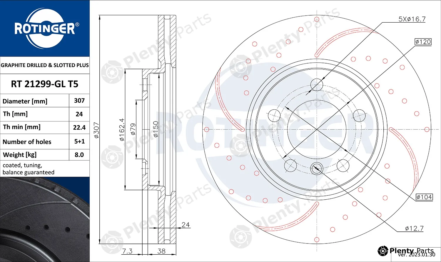Rotinger RT21299-GLT5 — Brake Disc GRAPHITE DRILLED & SLOTTED PLUS