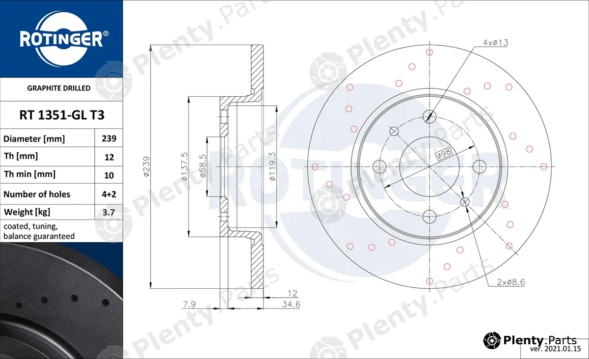 Rotinger RT1351-GLT3 — Brake Disc GRAPHITE DRILLED