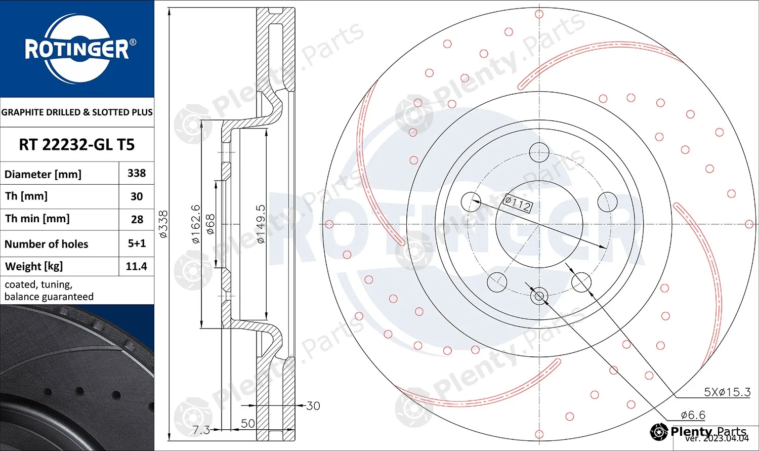 Rotinger RT22232-GLT5 — Brake Disc GRAPHITE DRILLED & SLOTTED PLUS