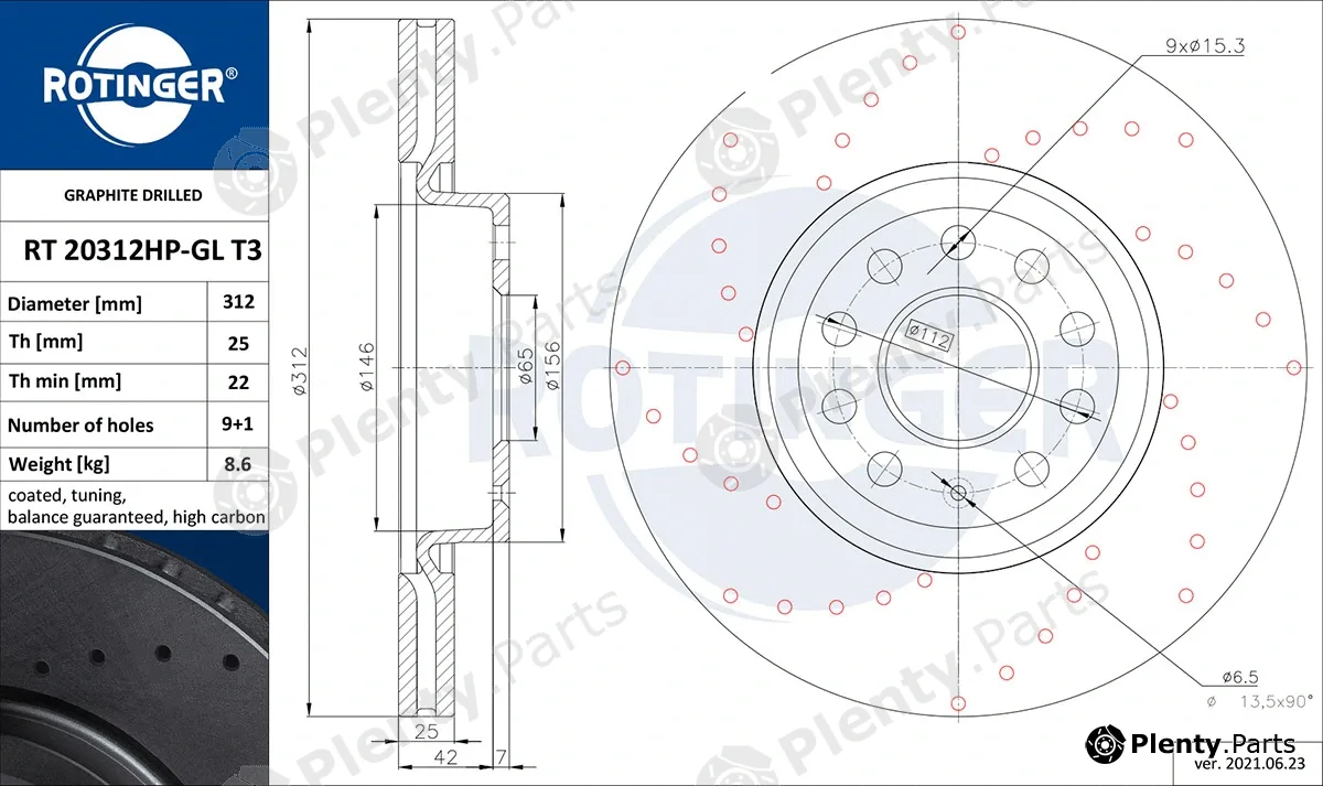 Rotinger RT20312HP-GLT3 — Brake Disc GRAPHITE DRILLED