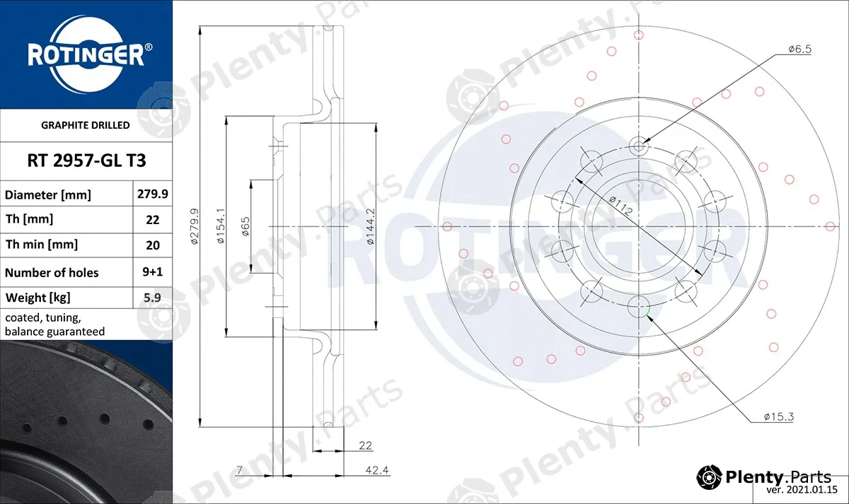 Rotinger RT2957-GLT3 — Brake Disc GRAPHITE DRILLED