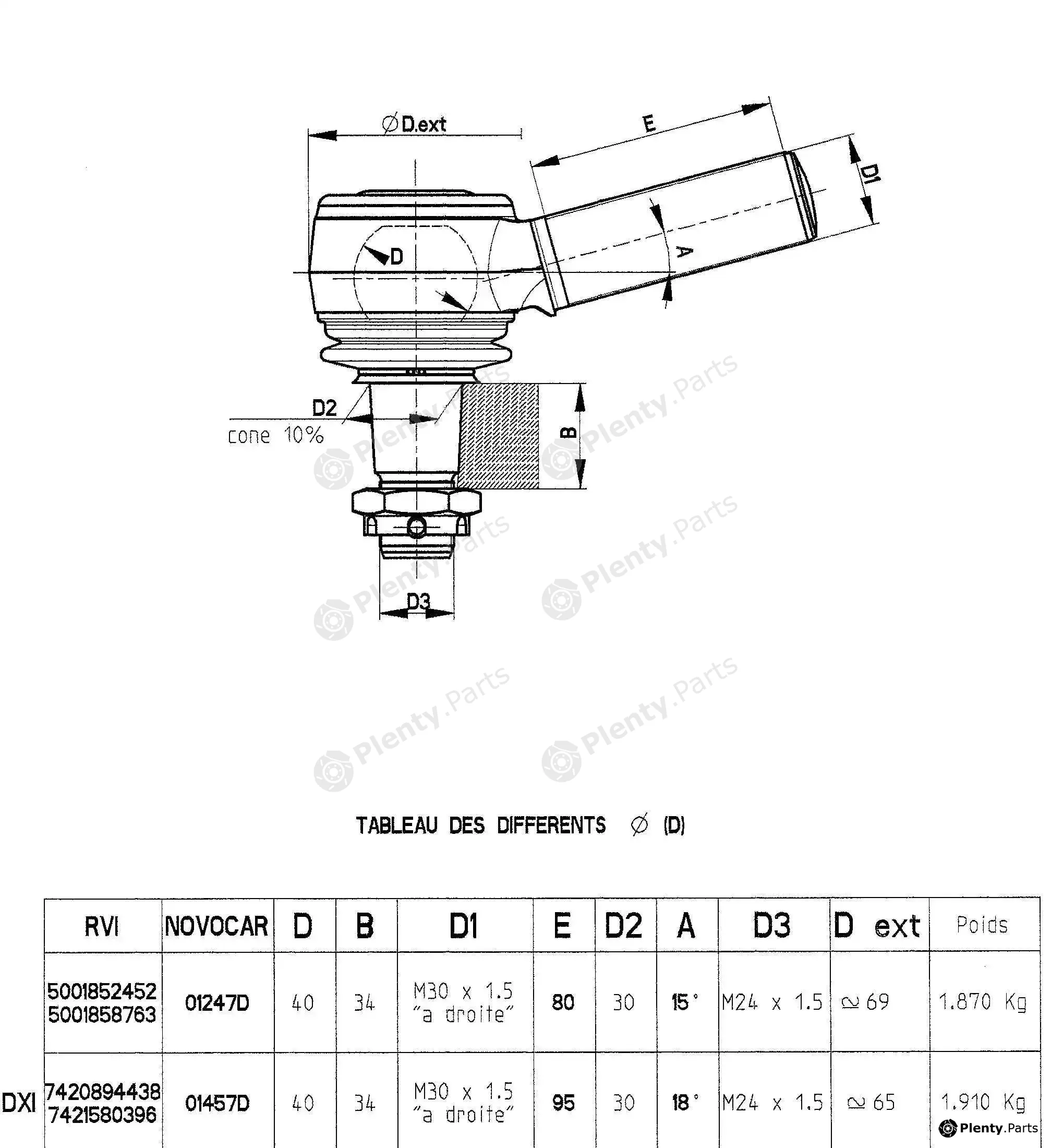 Novocar 01247D — Angled Ball Joint, steering drag link Embout à rotule PL Pas à Droite