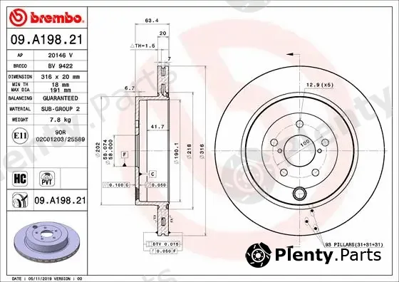 Brembo 09.A198.21 — Brake Disc PRIME LINE - UV Coated
