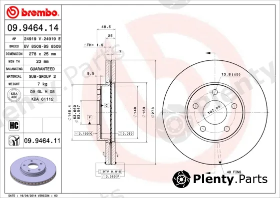 Brembo 09.9464.11 — Brake Disc PRIME LINE - UV Coated