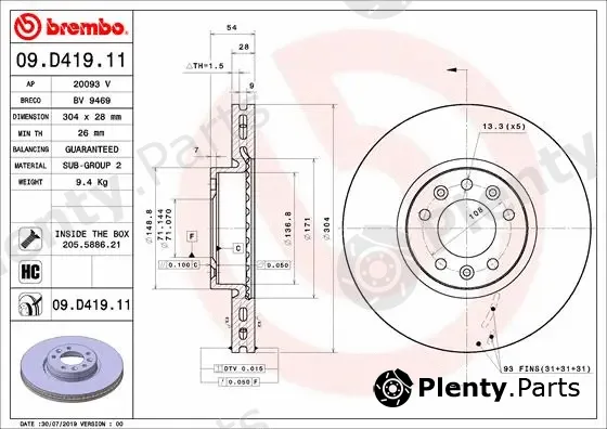 Brembo 09.D419.11 — Brake Disc PRIME LINE - UV Coated