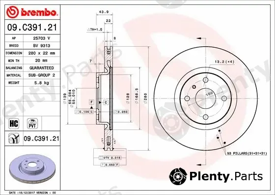 Brembo 09.C391.21 — Brake Disc PRIME LINE - UV Coated
