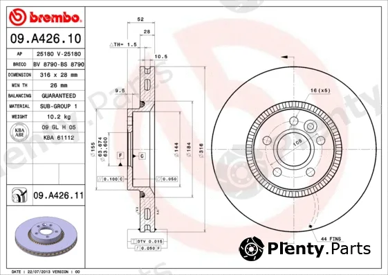 Brembo 09.A426.11 — Brake Disc PRIME LINE - UV Coated