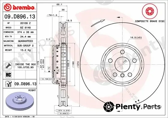 Brembo 09.D896.13 — Brake Disc PRIME LINE - Composite