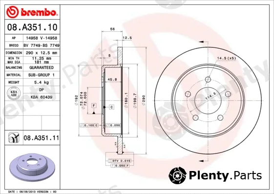 Brembo 08.A351.10 — Brake Disc PRIME LINE