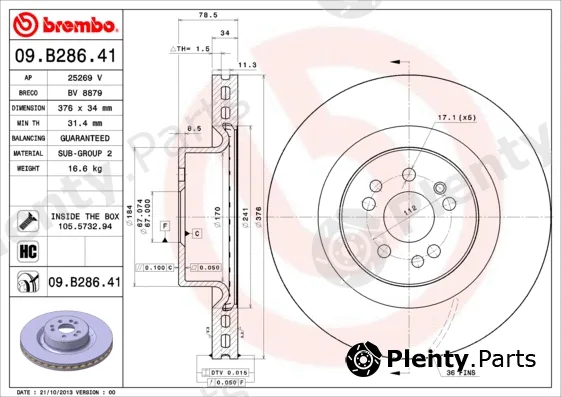 Brembo 09.B286.41 — Brake Disc PRIME LINE - UV Coated