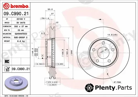 Brembo 09.C990.21 — Brake Disc PRIME LINE - UV Coated