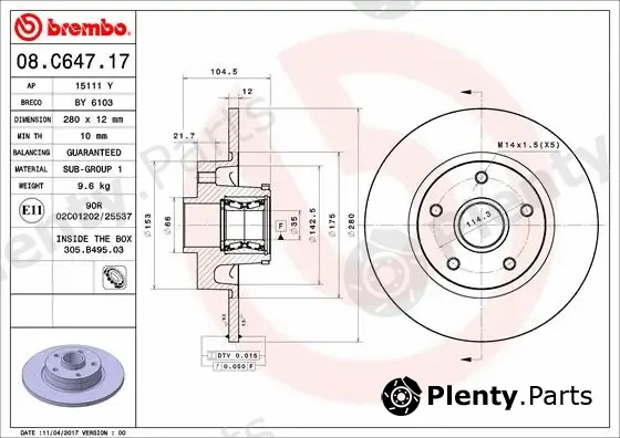 Brembo 08.C647.17 — Brake Disc PRIME LINE - With Bearing Kit
