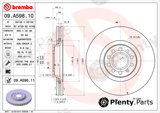 Brembo 09.A598.11 — Brake Disc PRIME LINE - UV Coated