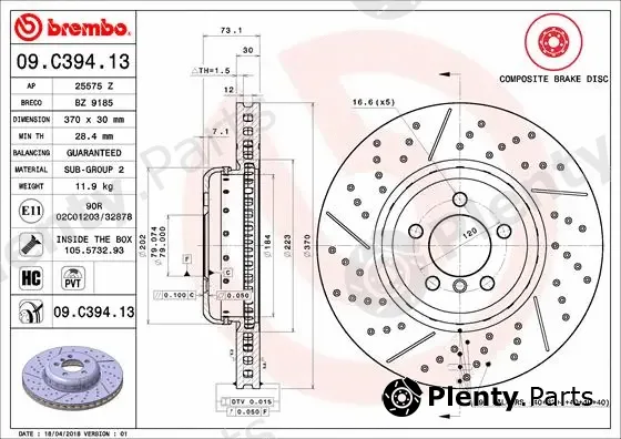Brembo 09.C394.13 — Brake Disc PRIME LINE - Composite