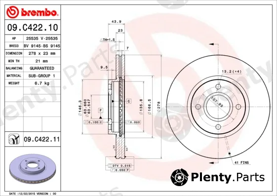 Brembo 09.C422.11 — Brake Disc PRIME LINE - UV Coated