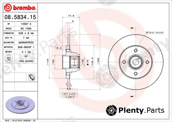 Brembo 08.5834.15 — Brake Disc PRIME LINE - With Bearing Kit