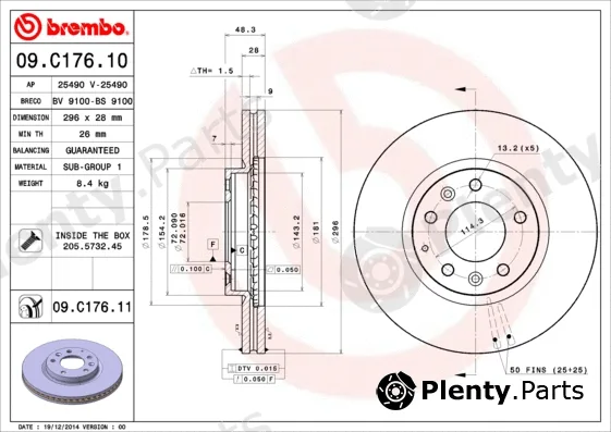 Brembo 09.C176.11 — Brake Disc PRIME LINE - UV Coated